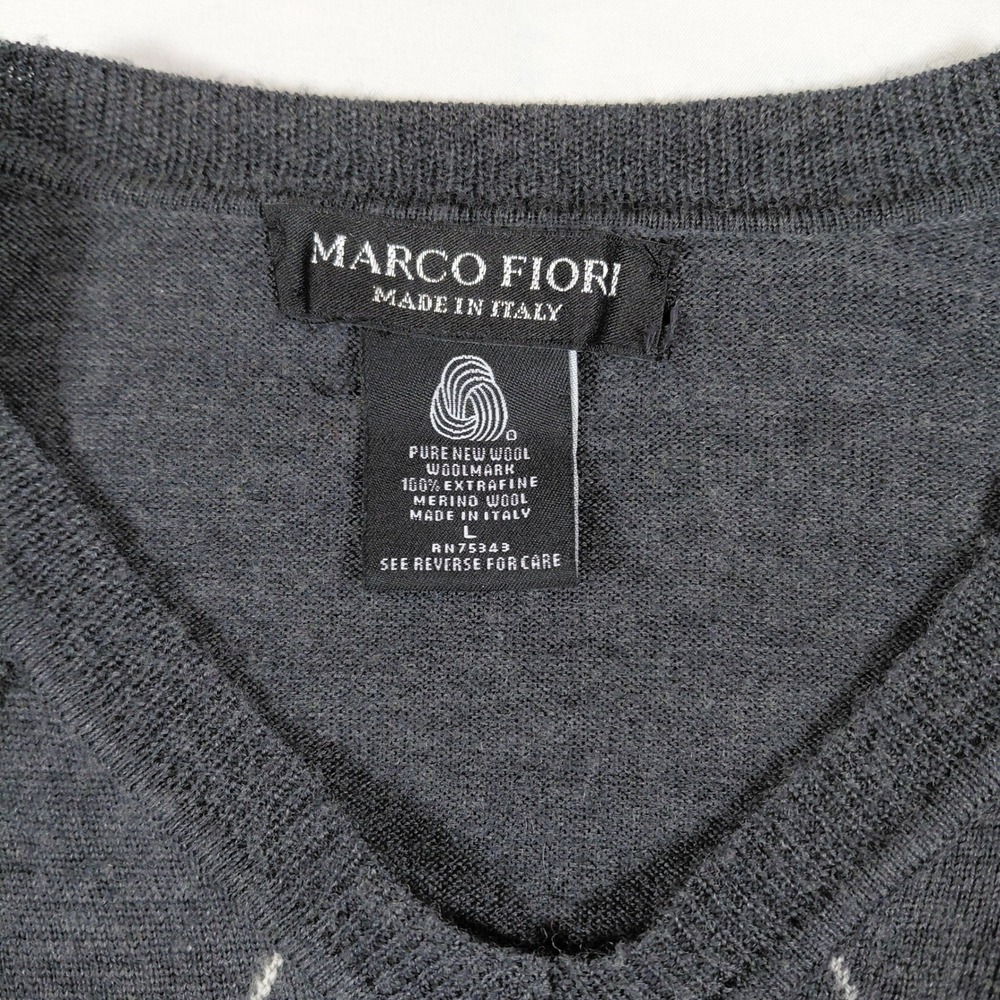 Marco Fiori Mens‎ Large Charcoal Grey Argyle V Neck Merino Wool Sweater - Picture 3 of 9